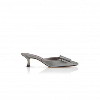 MANOLO BLAHNIK MAYSALE GRAPHITE COTTON BUCKLE DETAIL MULES 125-2920-0003